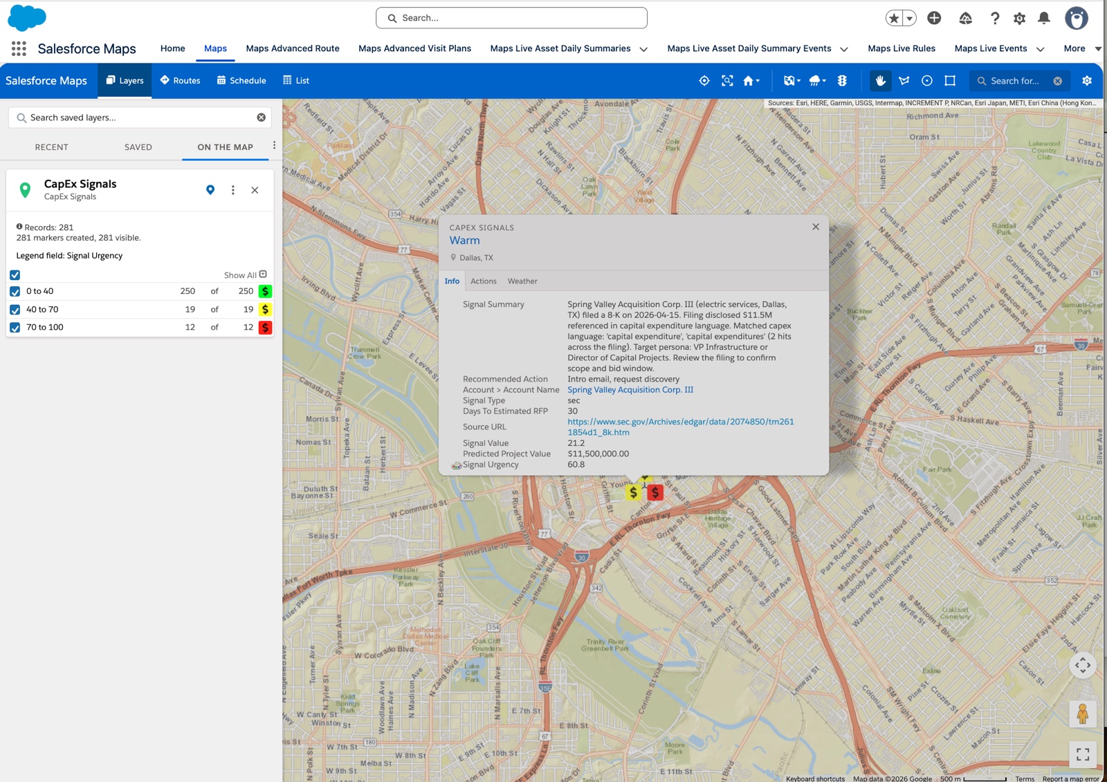 Salesforce Maps with 281 active CapEx Signals plotted across a Houston metro territory, urgency tiers shown as green, yellow, and red dollar markers
