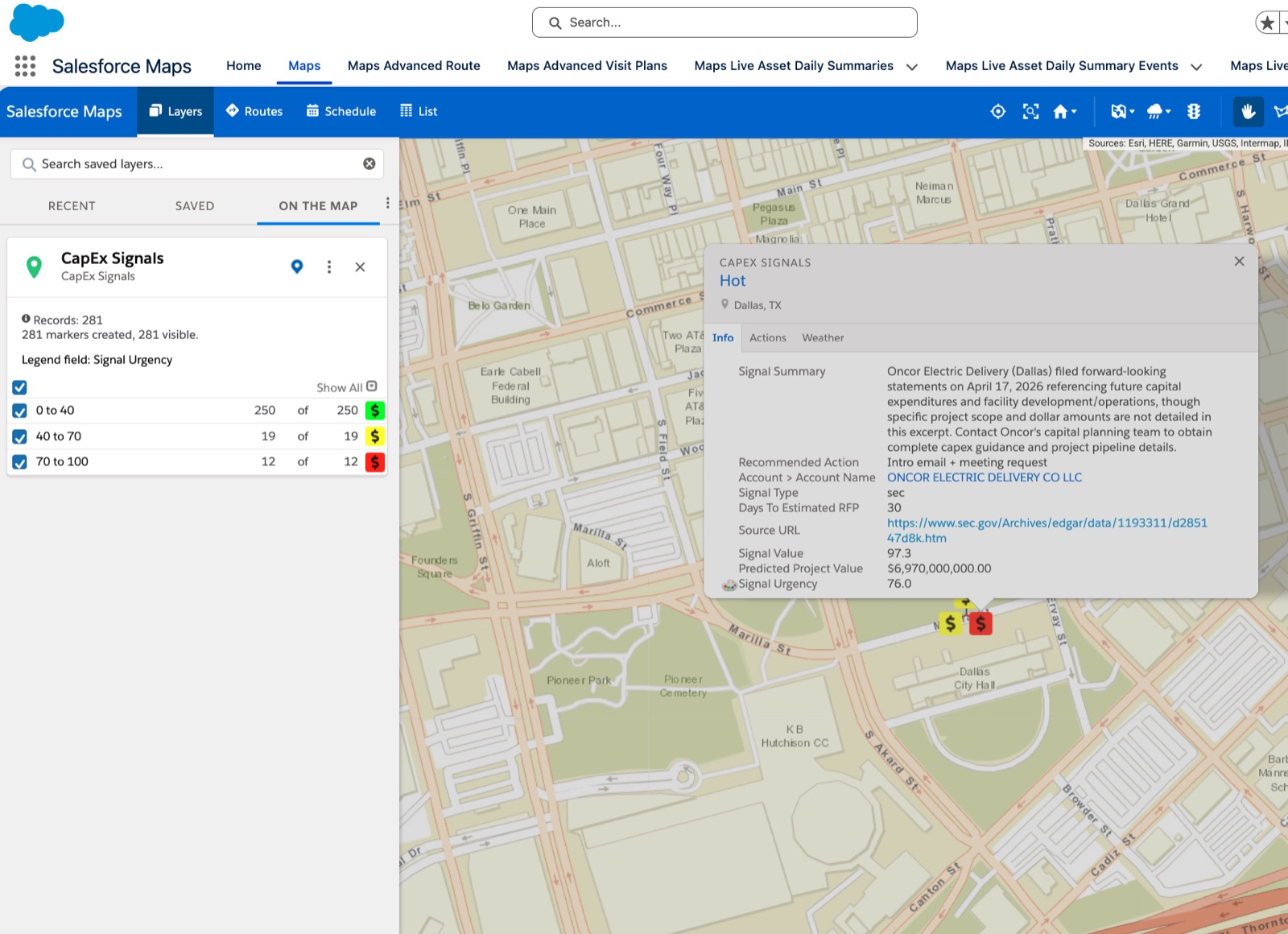 CapEx Signal popup card on a Dallas map showing Oncor Electric Delivery SEC filing, $6.97 billion predicted project value, Hot tier urgency, with the SEC EDGAR source URL